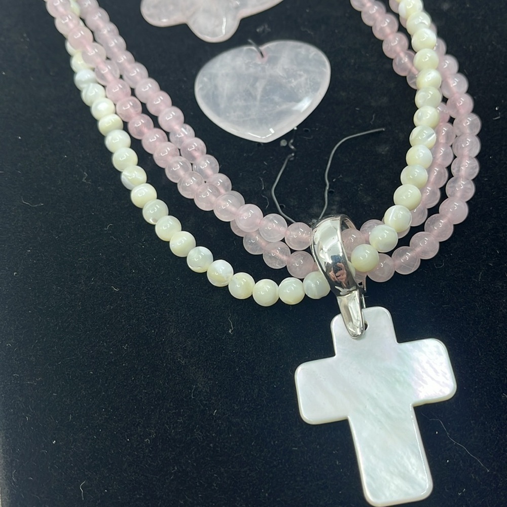 Vintage Rose Quartz Pearl Necklace Set - Mother-of-Pearl Cross Pendant - Picture 9 of 16